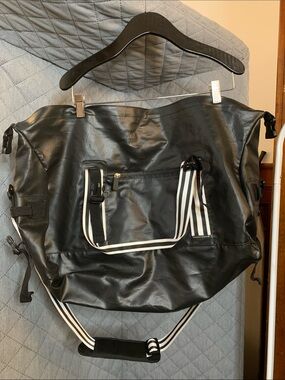 adidas Black Travel Tote with Black-and-White Striped Handles